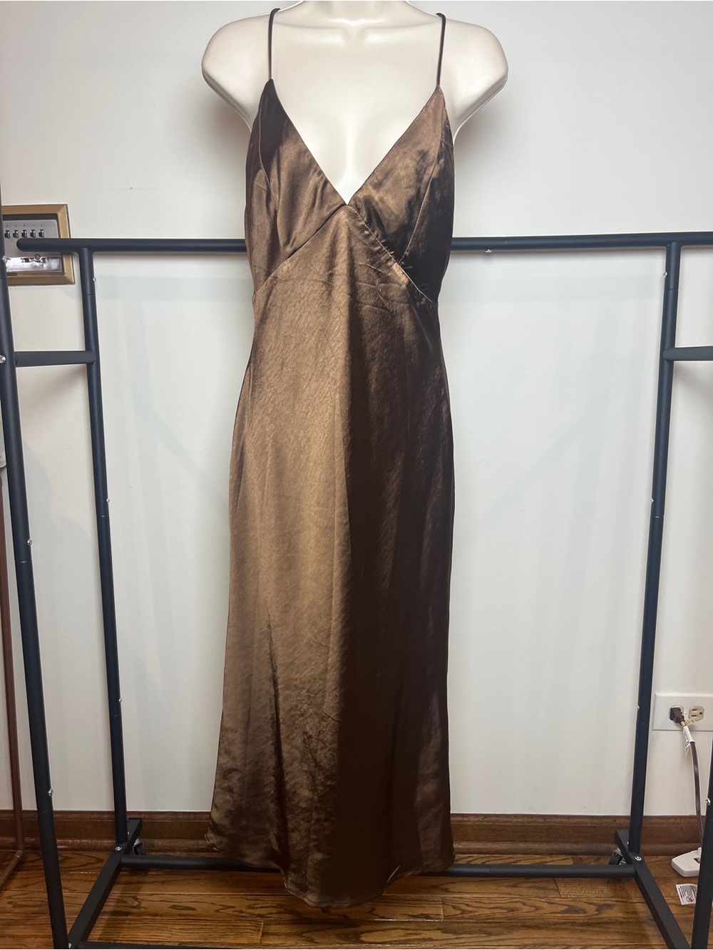 Hello Molly Satin Maxi Slip Dress Brown Spaghetti Strap Large Wedding Event Boho